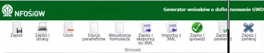 Pasek narzędzi generatora GWD (P2) z przyciskami zapisu, eksportu i importu XML, sprawdzenia i zatwierdzenia wniosku