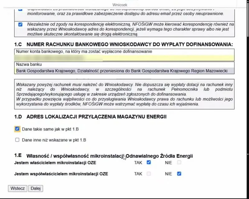 Sekcje 1.C, 1.D i 1.E: numer rachunku do wypłaty, adres przyłączenia magazynu i własność mikroinstalacji