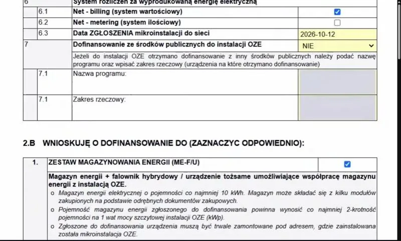 Pola 6 i 7 sekcji 2.A oraz wybór zakresu w sekcji 2.B: system rozliczeń, data zgłoszenia, wcześniejsze dotacje, zestaw magazynowania energii