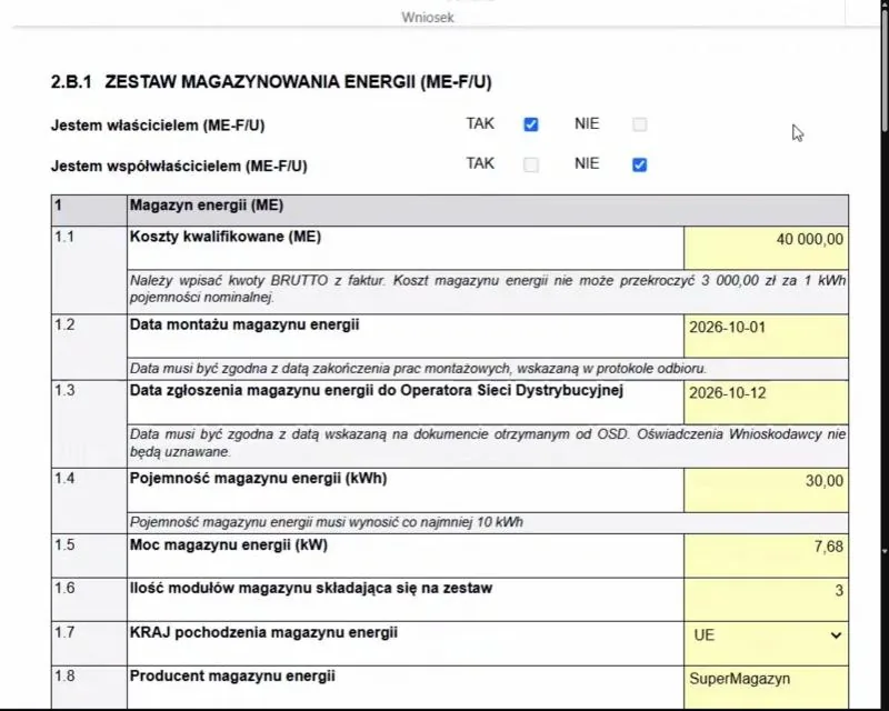 Sekcja 2.B.1 formularza PME2: koszty kwalifikowane brutto, data montażu, data zgłoszenia do OSD, pojemność, moc, liczba modułów i kraj pochodzenia magazynu