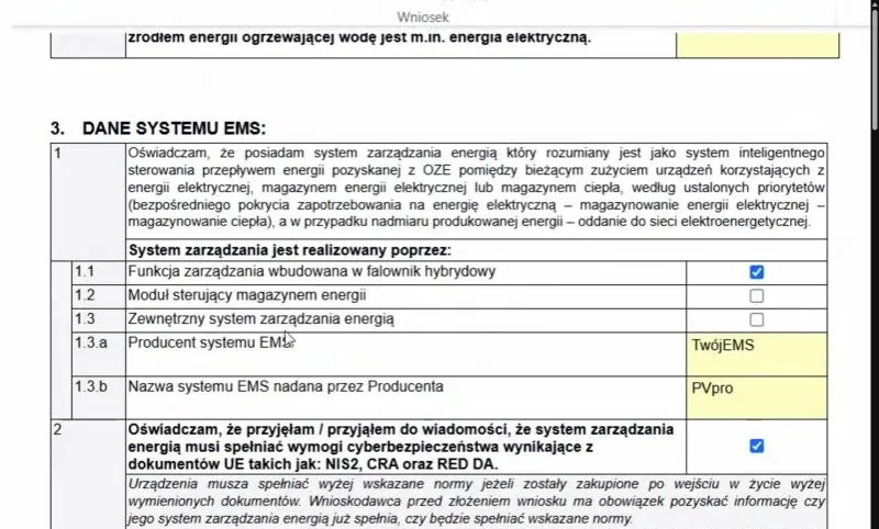 Sekcja 3 formularza PME2: oświadczenie o posiadaniu EMS, sposób realizacji, producent i nazwa systemu oraz oświadczenie o wymogach cyberbezpieczeństwa