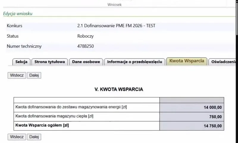 Zakładka Kwota Wsparcia w generatorze GWD: 14 000 zł na zestaw magazynowania energii, 750 zł na magazyn ciepła, razem 14 750 zł