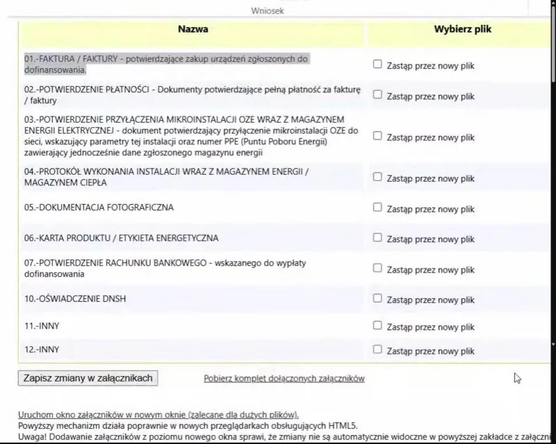 Zakładka Załączniki w generatorze GWD: lista dokumentów od 01 do 12 z polami wyboru pliku i przyciskiem zapisu zmian